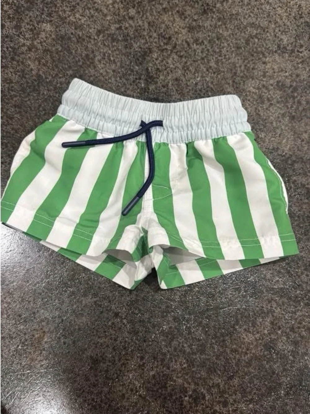 The Beaufort Bonnet Company Green & White Striped Kids Swim Trunks